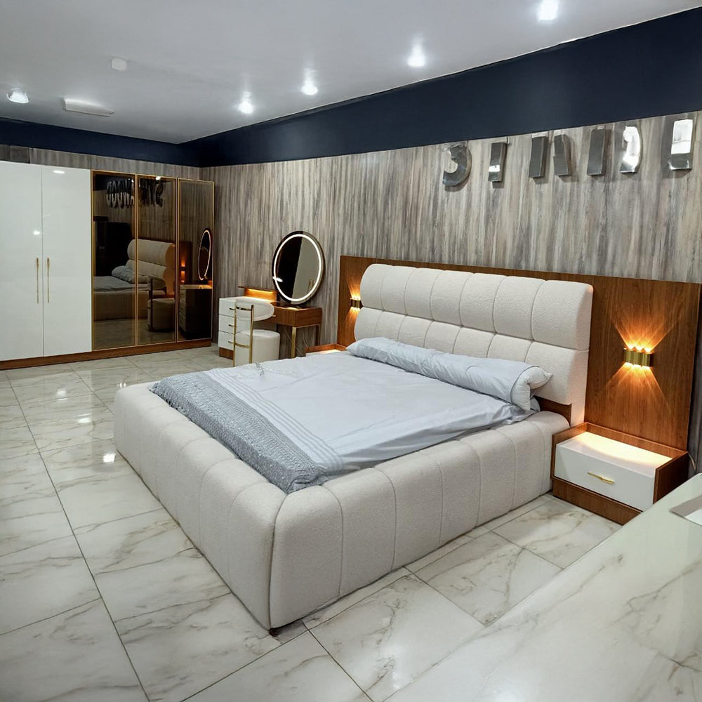 غرفة نوم كالينا (ألواح MDF) – سرير 120 سم، تسريحة 120 سم، كرسي تسريحة، عدد 2 كومود 60 سم، دولاب 260 سم