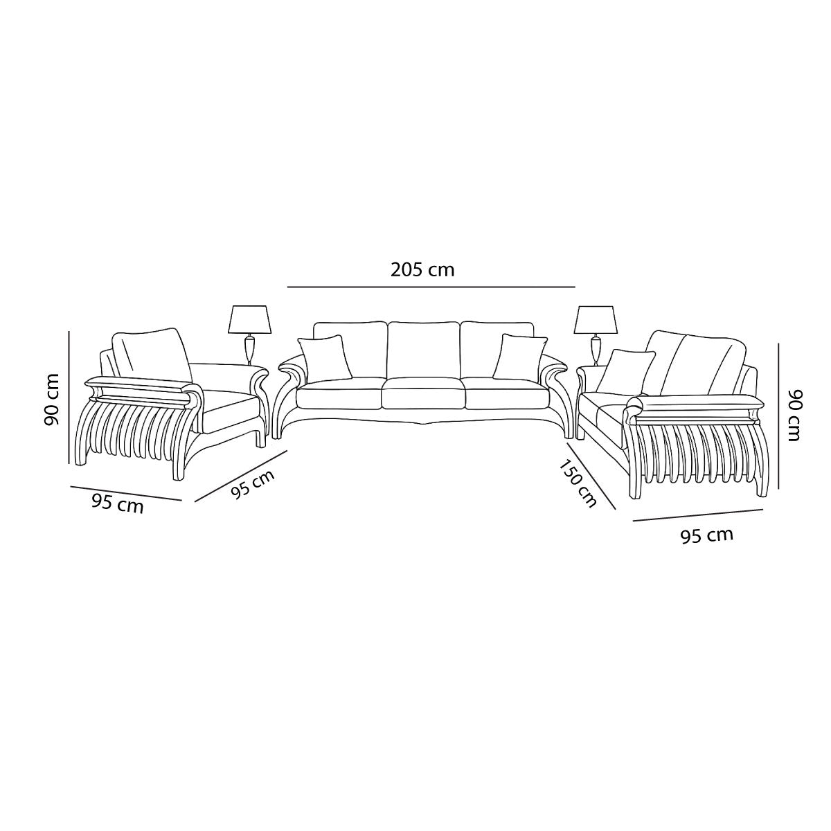 Spider home living room set consisting of a 3-seater sofa, a 2-seater sofa, and an armchair.