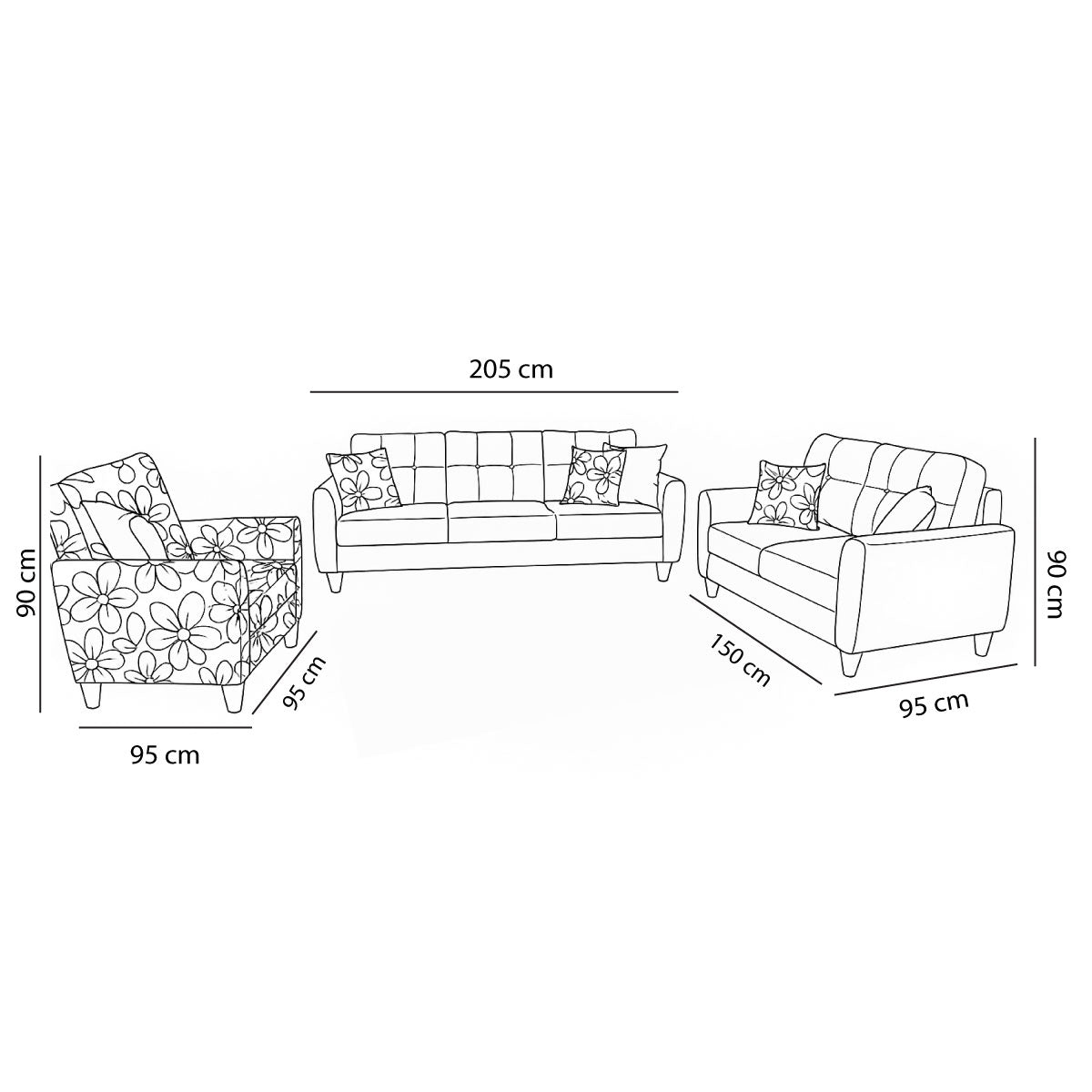 Modern Sofa Set 3 Pieces (Beech Wood, Plywood, Pine) Color: Yellow and Floral–Monte