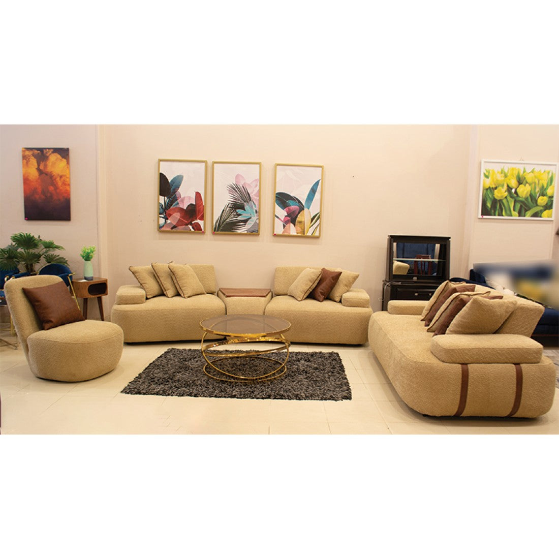 Modern Sofa Set 3 Pieces (Beech Wood, Plywood, Pine) – Color: Beige – Jenin
