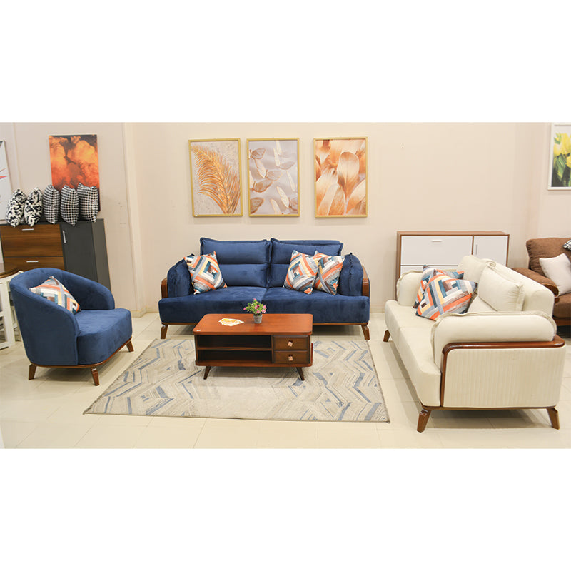 Modern Sofa Set 3 Pieces (Beech Wood, Plywood, Pine) – Color: Blue and Off-White–2501