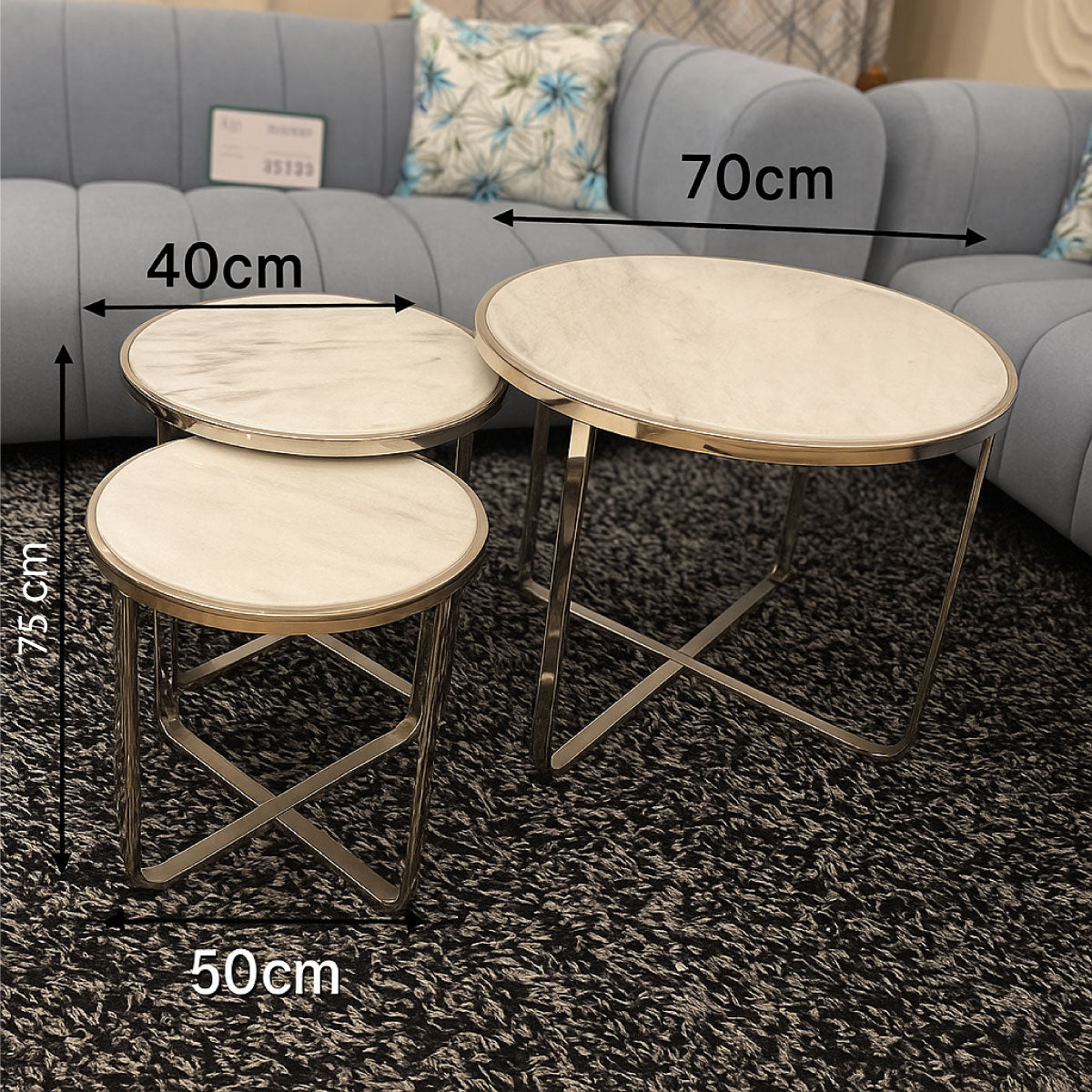 Modern White Marble Nested Coffee Table Set with Chrome Frames