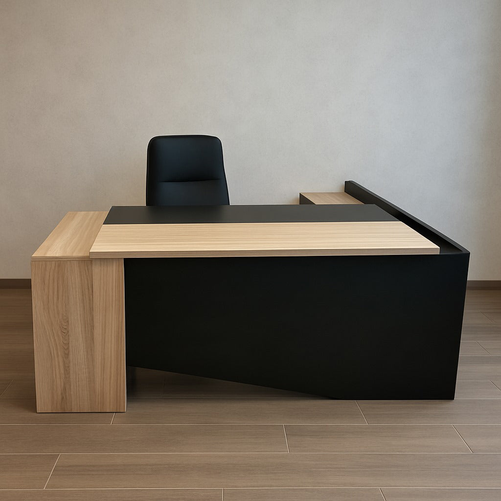 مكتب 200×160×75 سم + سايد + وحدة أدراج متصلة – أسود وبيج – AZ50019