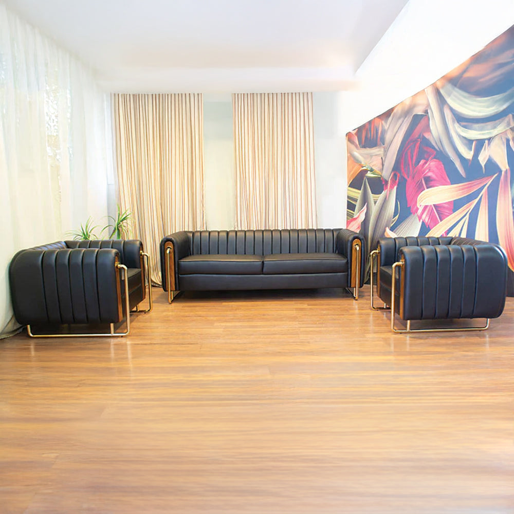 Office Sofa Set – Black Leather with Musky and mdf Wood - JUBAIL