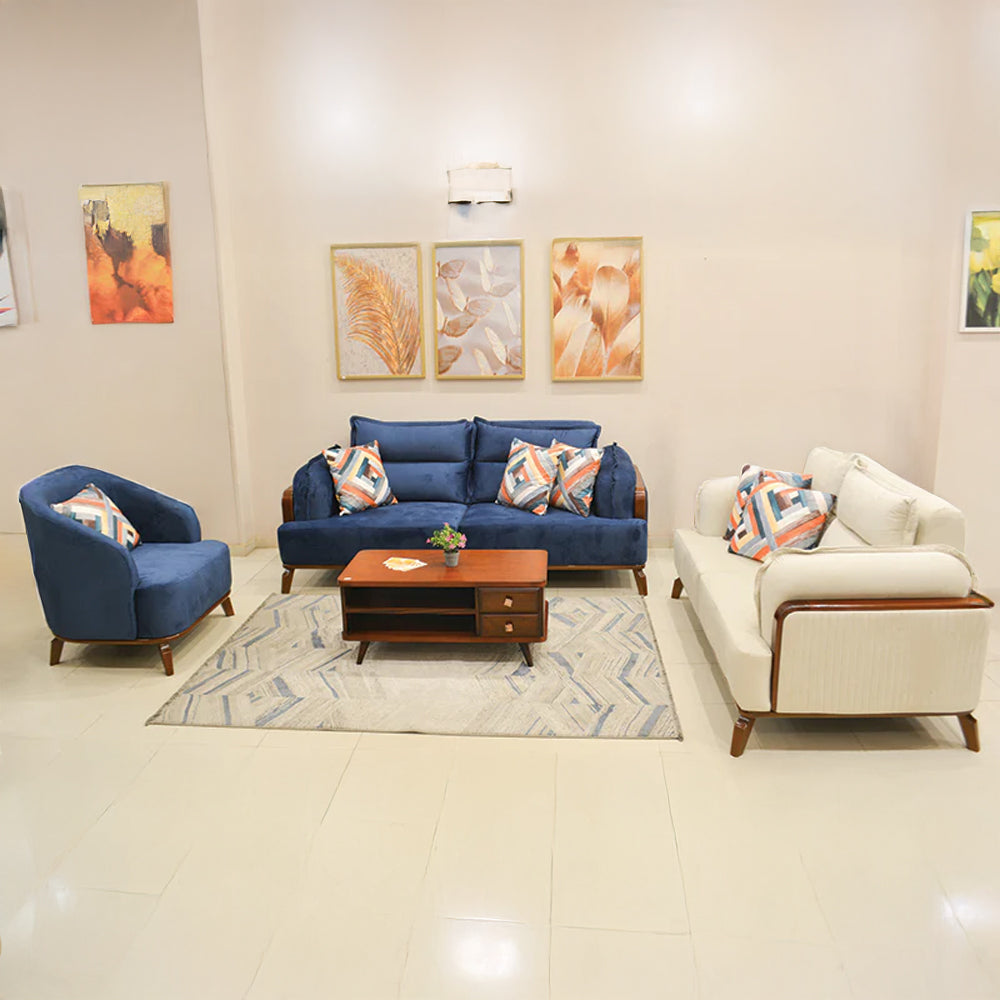 Modern Sofa Set 3 Pieces (Beech Wood, Plywood, Pine) – Color: Blue and Off-White–2501