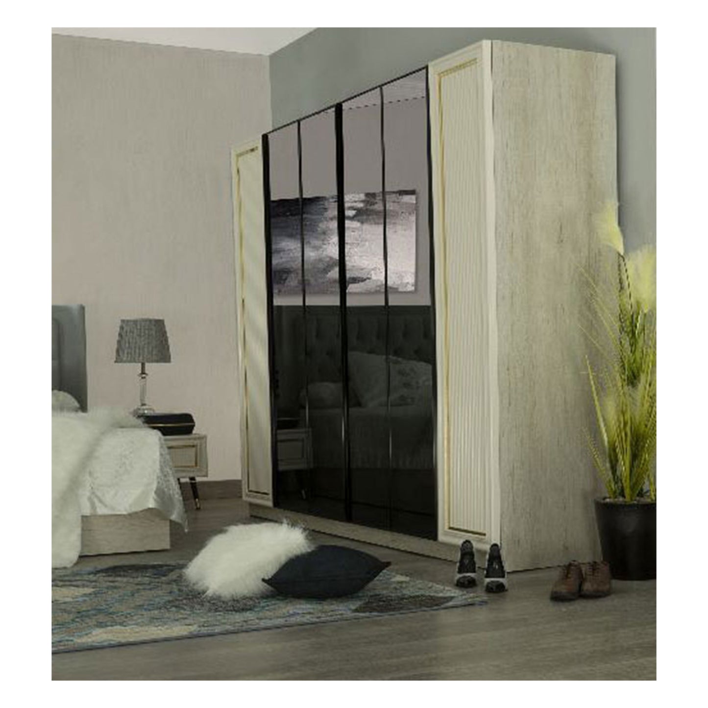غرفة نوم ميراج (ألواح MDF) – سرير 160 سم، تسريحة 120 سم، 2 كمود 60 سم، دولاب 260 سم