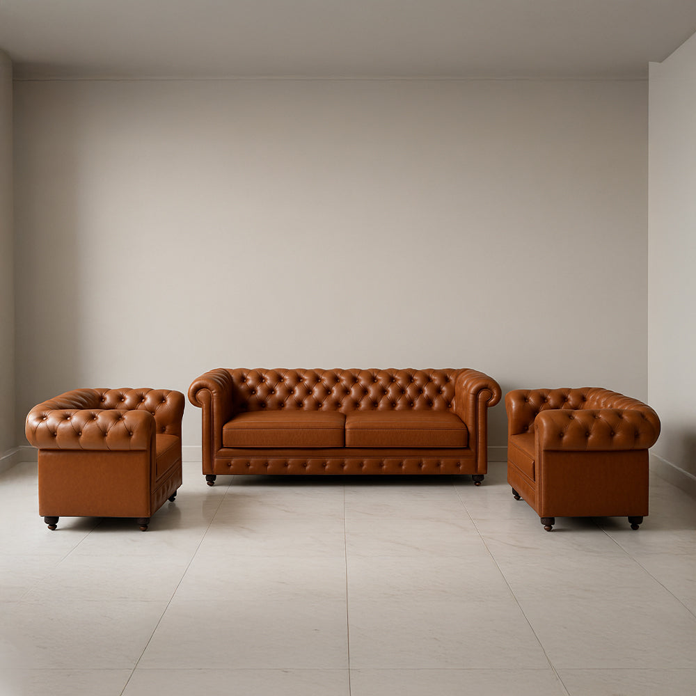 Office Sofa Set – Brown Leather with Musky and MDF Wood - HC-SHESTERFIELD