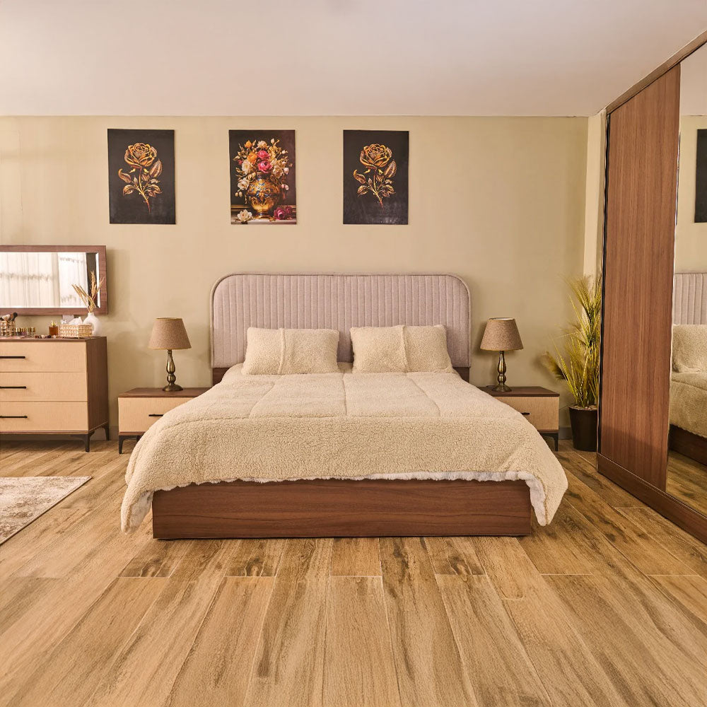 غرفة نوم ألميرا (ألواح خشب حُبيبي – Chipboard) – سرير 160 سم، تسريحة 80 سم، عدد 2 كومود 50 سم، دولاب 240 سم