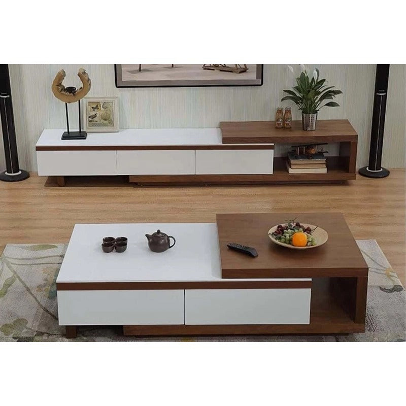 طاولة تلفزيون 190 × 40 × 40 سم + طاولة استقبال 110 × 50 × 40 سم – بني وأبيض – AZ3003