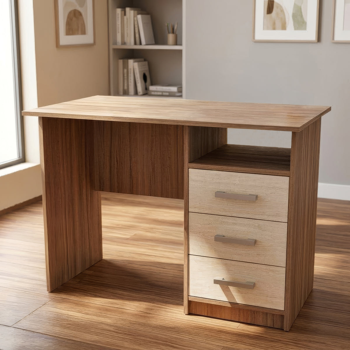 Desk 120 x 60 x 75 cm + Attached Drawer Unit - Beige and Wooden- AZ1071