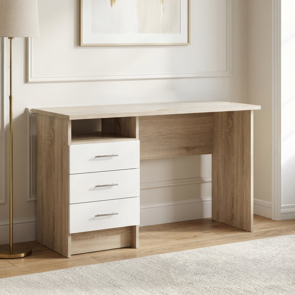 Desk 120 x 60 x 75 cm + Attached Drawer Unit - White and wooden- AZ1070
