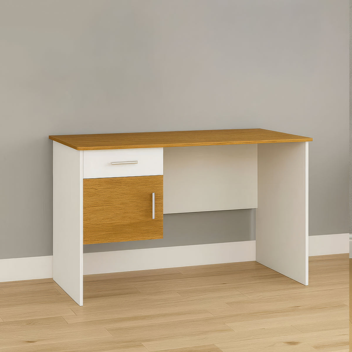 Desk 120×60×75 cm + Attached Unit (1 Door + 1 Drawer) – White and Wooden – AZ1050
