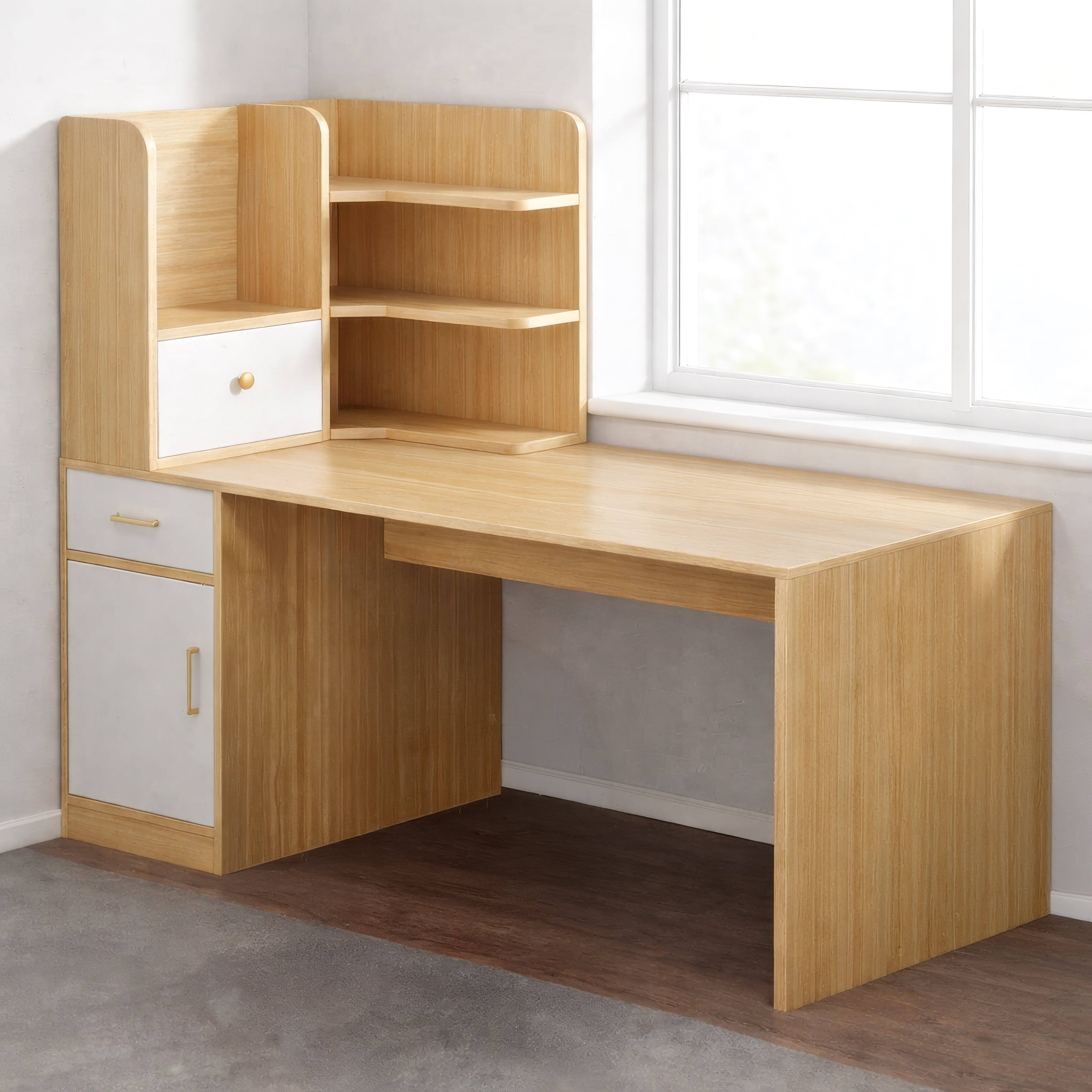 مكتب 140×60×140 سم + مكتبة – خشبي وأبيض – AZ1179