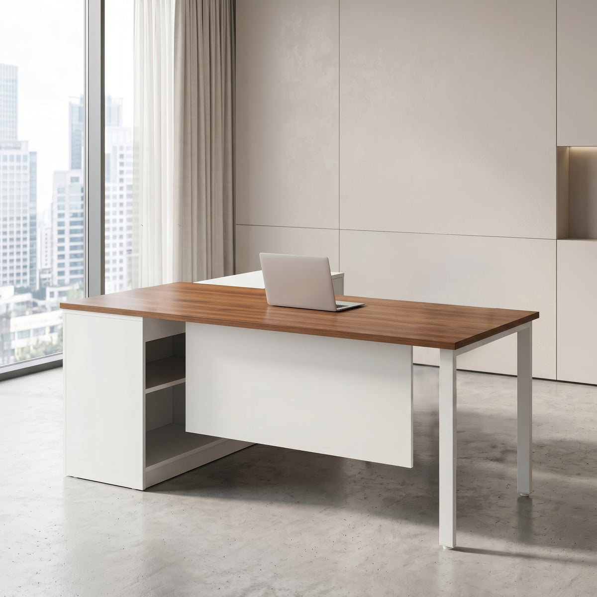 مكتب 160×160×75 سم + شاسيه معدني + سايد - بني وأبيض - AZ50017