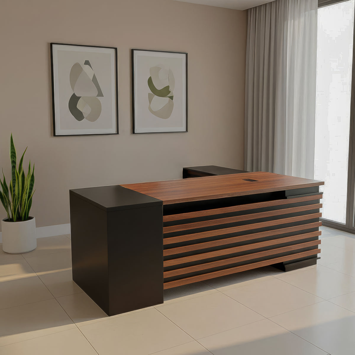 مكتب 180×160×75 سم + وحدة جانبية + أدراج متصلة – بني وأسود – AZ50038