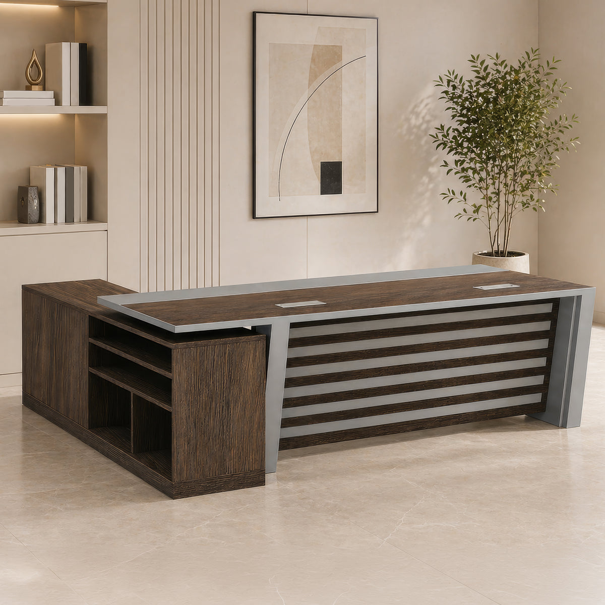 مكتب 180×160×75 سم + وحدة جانبية – بني ورمادي – AZ120200