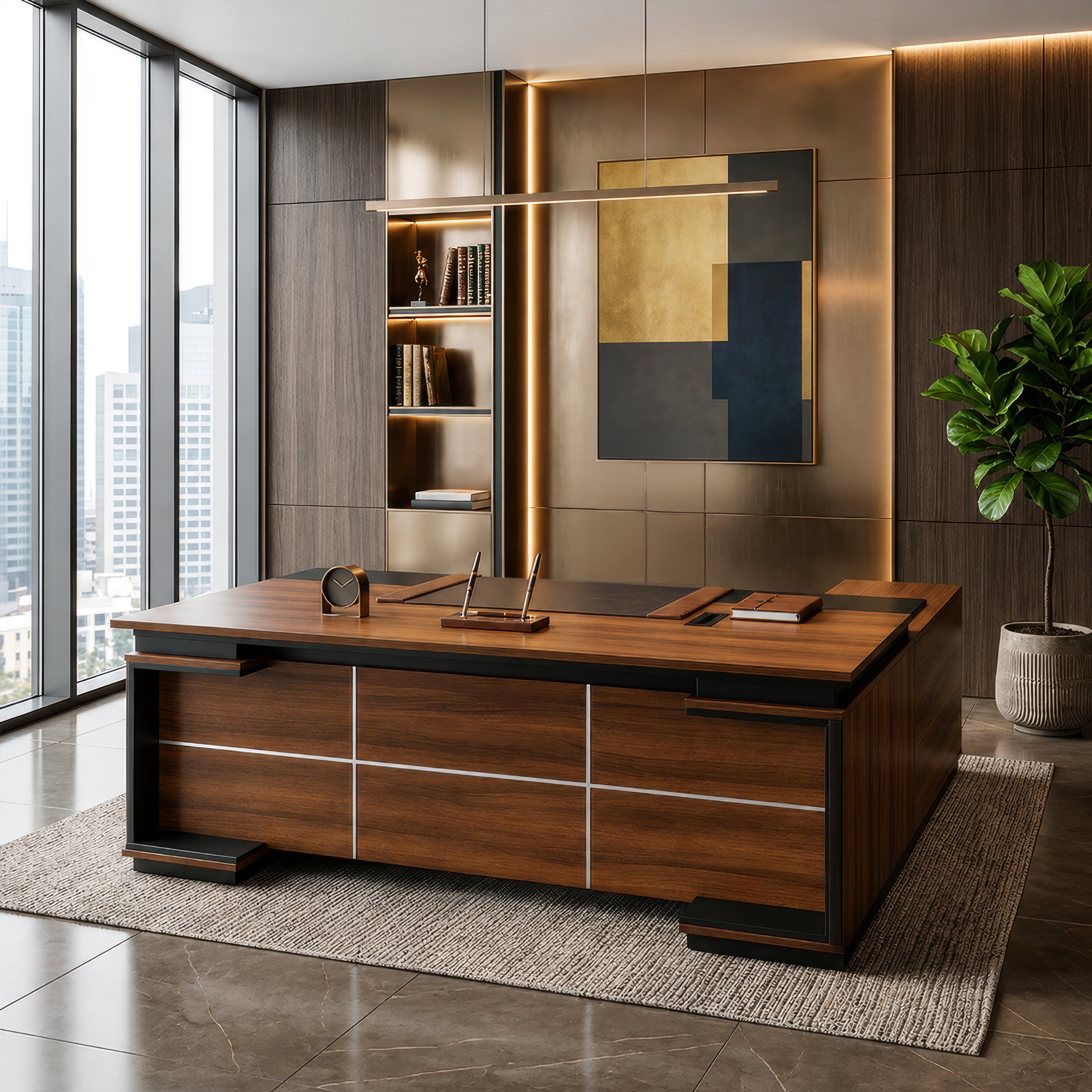 مكتب 180×160×75 سم + سايد + وحدة أدراج متصلة – بني وأسود – AZ50005