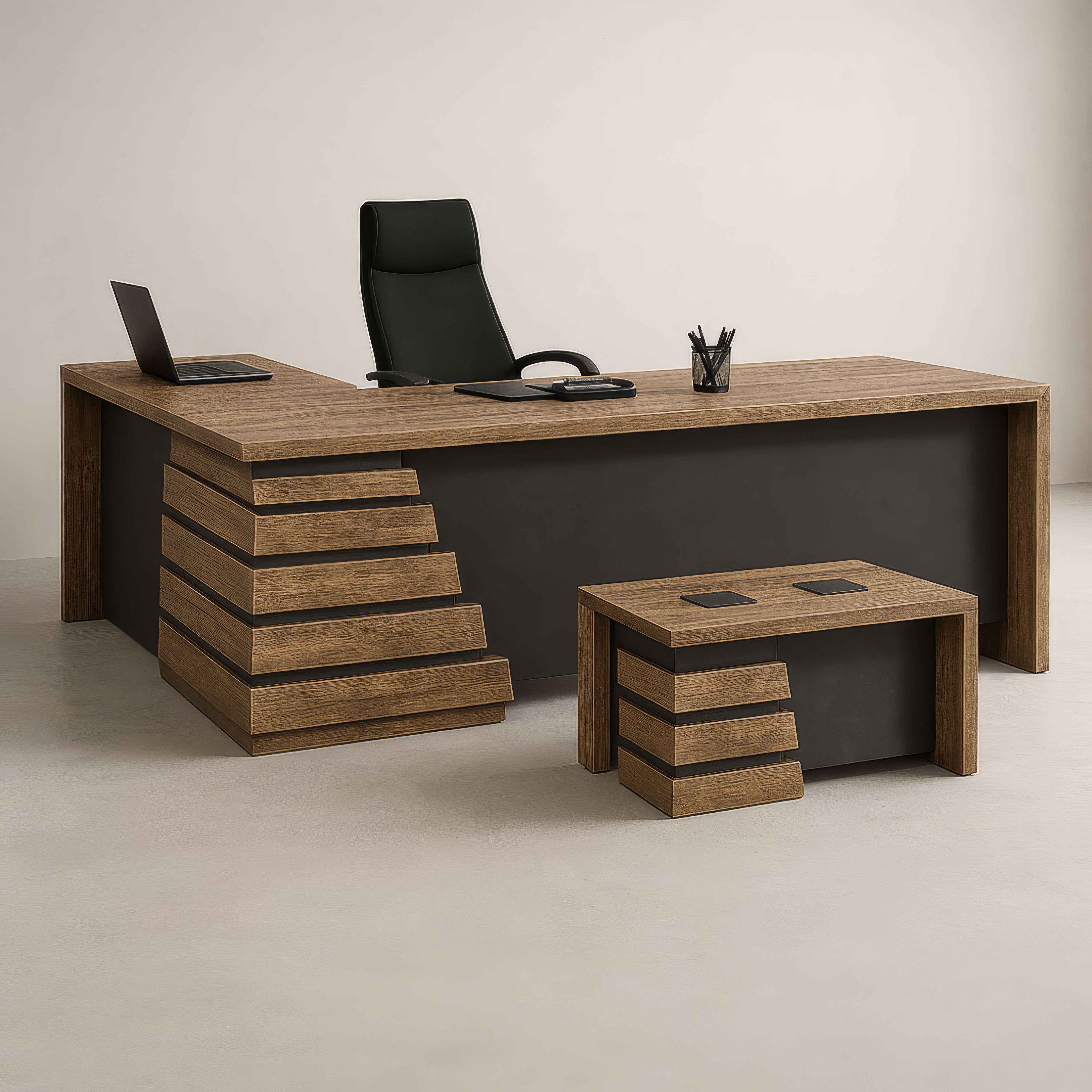 مكتب 200×160×75 سم + سايد + طاولة استقبال – خشبي وأسود – AZ120148