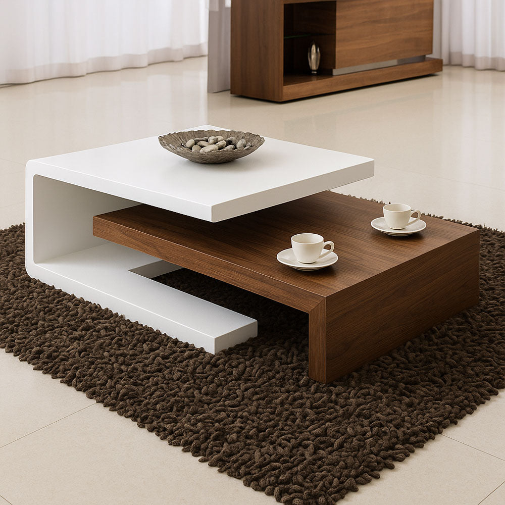 Modern White and Wood Coffee Table with Layered Design