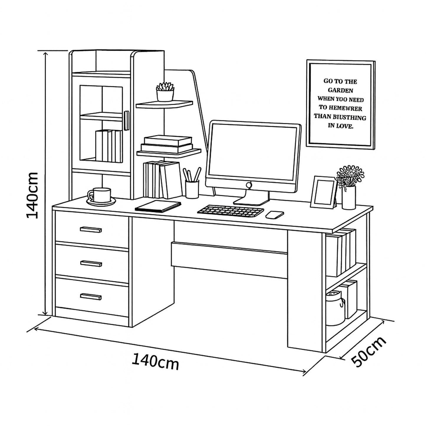 Desk 140×50×140 cm + Fixed Drawers – White and Wooden – AZ1178