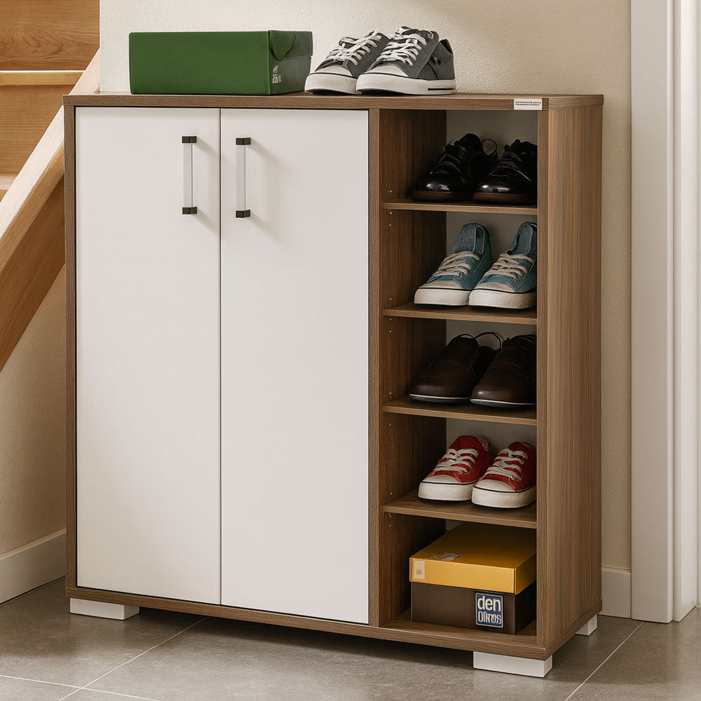 Shoe Cabinet, 90 × 40 × 100 cm - White and Wooden - AZ40025