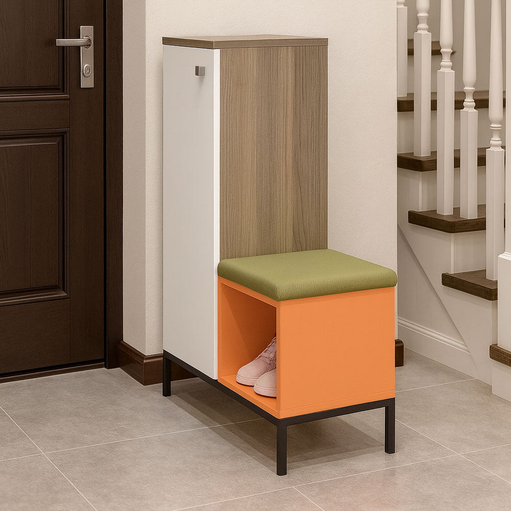 Shoe Cabinet, 74 × 38 × 106 cm - Wooden, White and Orange - AZ40040