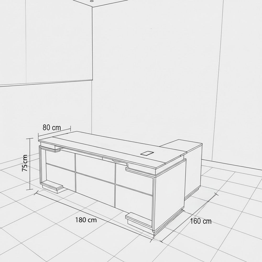 Desk 180×160×75 cm + Side Unit + Attached Drawer Unit – Brown and Black – AZ50005