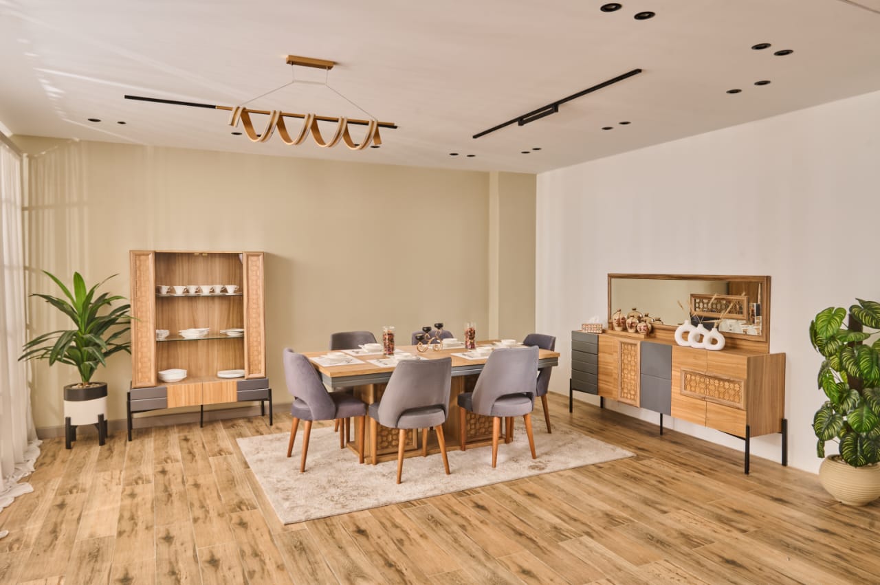 Marina Dining Room – Table 200×100 cm, Buffet 180 cm, Showcase 120 cm, 6 Chairs