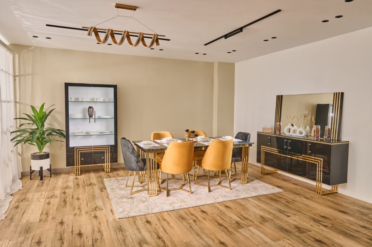 Sondos Dining Room – Table 200×100 cm with PVC Top, Buffet 180 cm, Showcase 120 cm, 6 Chairs