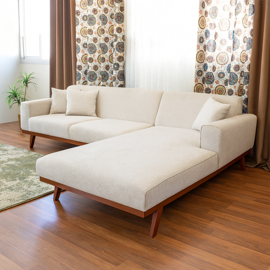 ركنة منزلية مودرن على شكل حرف L (خشب صنوبر، أبلكاش) – لون بيج فاتح – تسلا