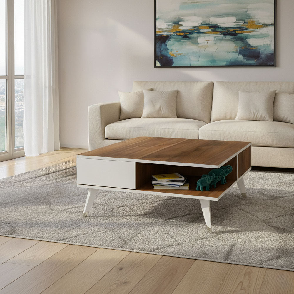 Reception Table, 100 × 100 × 42 cm - White and Brown - AZH-00035