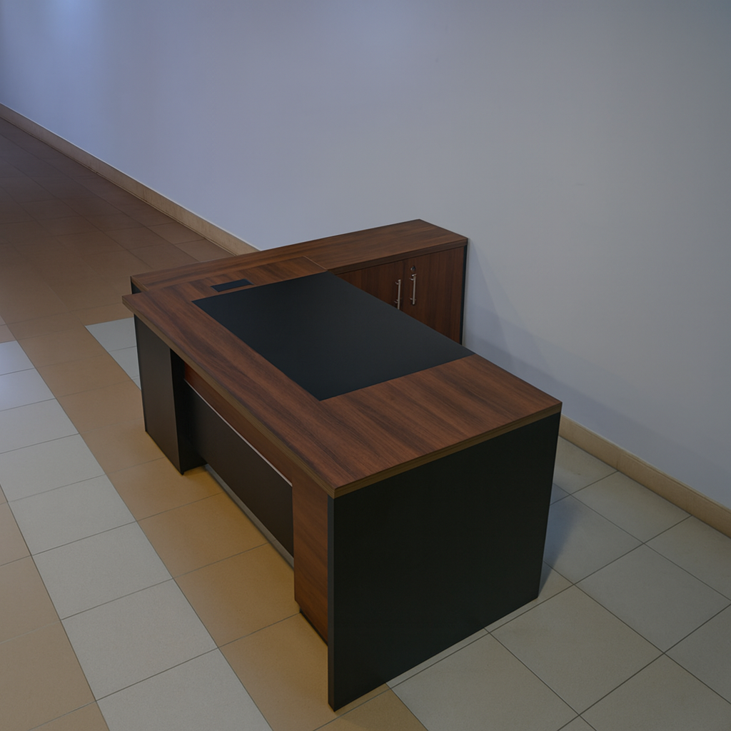 مكتب 180×160×75 سم + سايد + وحدة أدراج متصلة + فريم أبيض – بني وأسود – AZ500010