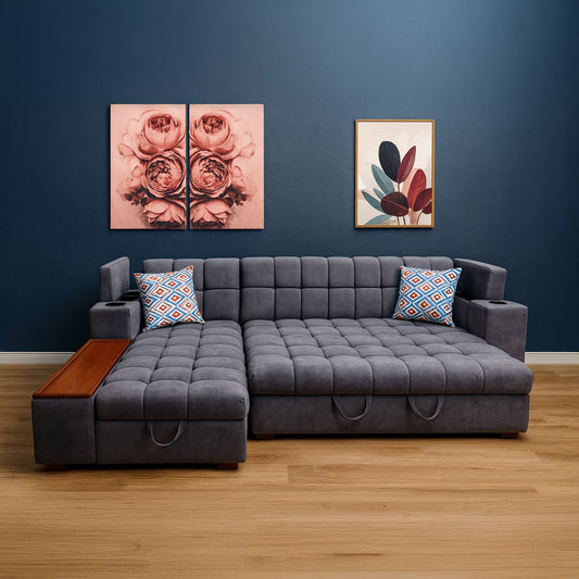 ركنة سرير مودرن على شكل حرف L (خشب موسكي، أبلكاش) – رمادى غامق – مع طاولة مدمجه وحاملات أكواب