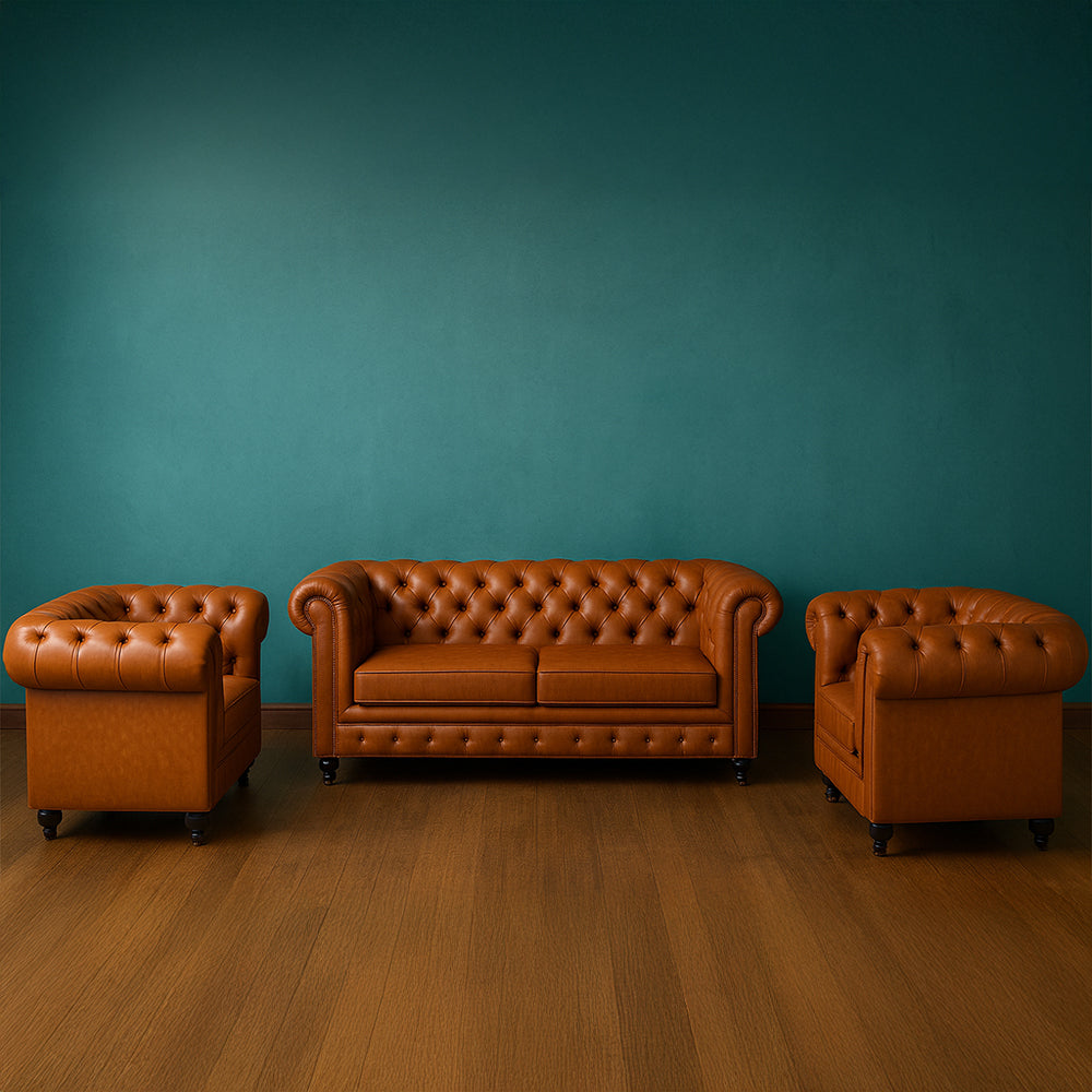 Office Sofa Set – Brown Leather with Musky and MDF Wood - HC-SHESTERFIELD