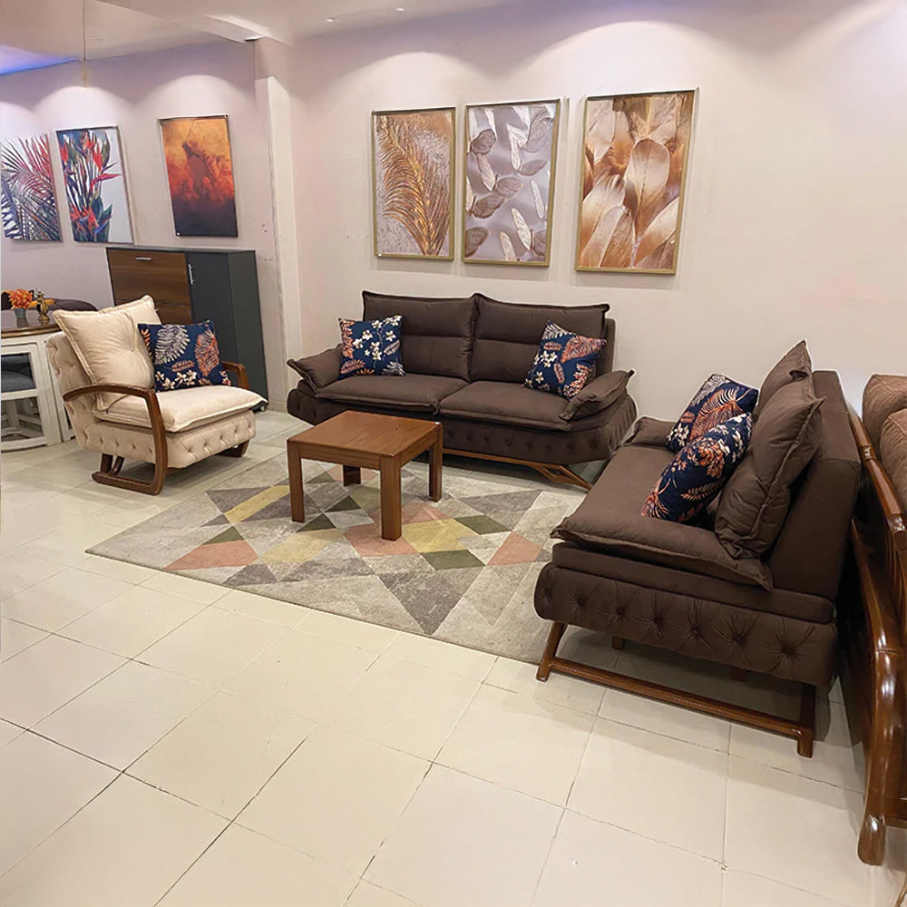 Modern Sofa Set 3 Pieces (Beech Wood, Plywood, Pine) – Color: Brown and Beige–2502