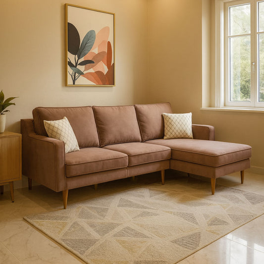 ركنة منزلية مودرن على شكل حرف L – خشب إم دي إف و موسكي والأرجل خشب زان – وردي مطفي – 255*175*85 سم - Alpha Slim