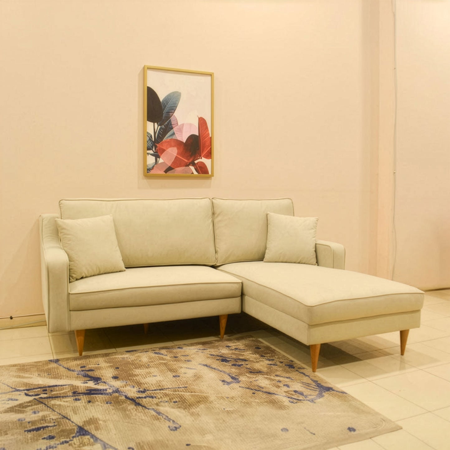 ركنة منزلية مودرن على شكل حرف L – خشب إم دي إف و موسكي والأرجل خشب زان   – بيج –205*175*85 سم - Alpha Mini
