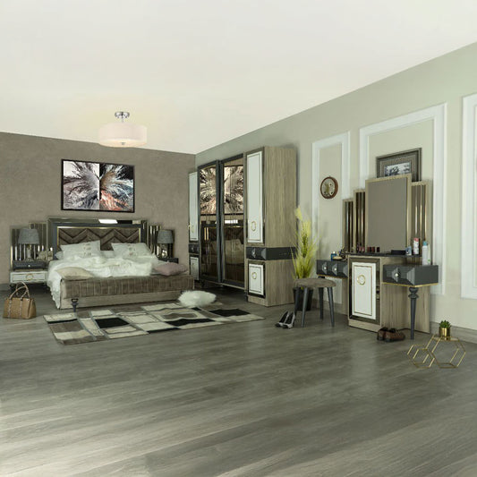 غرفة نوم هاسندا (ألواح MDF) – سرير 160 سم، تسريحة 120 سم، عدد 2 كومود 60 سم، دولاب 260 سم 