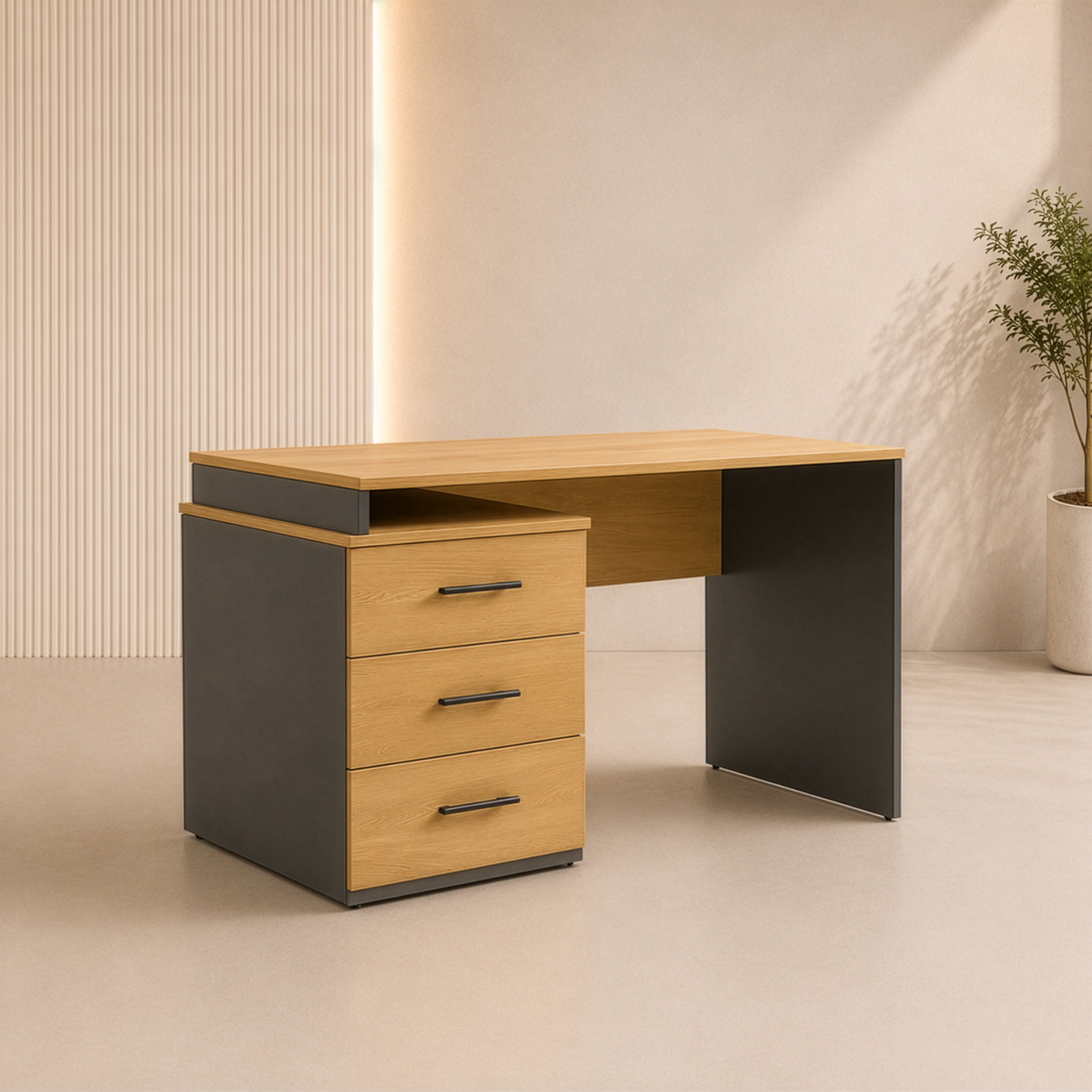مكتب 120×60×75 سم + وحدة أدراج متصلة – رمادي وخشبي – AZ1059