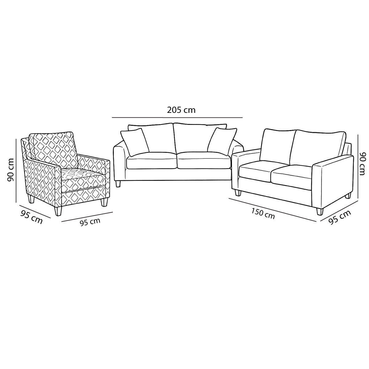 Modern Sofa Set 3 Pieces (Beech Wood, Plywood, Pine) – Color: Navy Blue and Patterned – Puffy