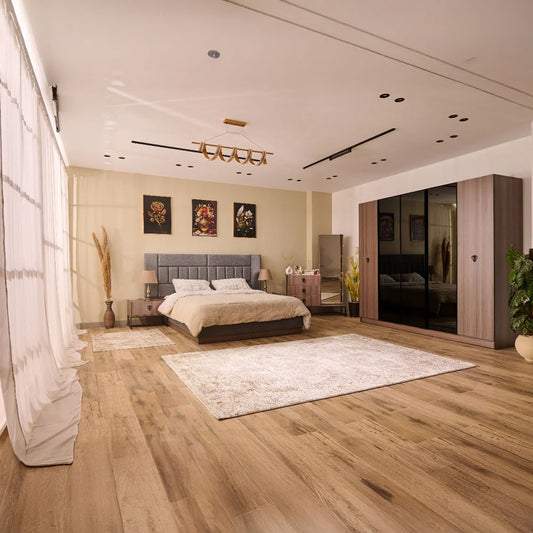 غرفة نوم دياموندا (ألواح ميلامين MDF) – سرير 160 سم، تسريحة 100 سم، عدد 2 كومود 55 سم، دولاب 245 سم