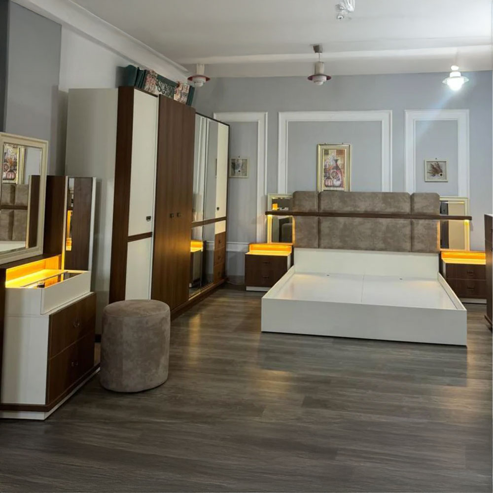 Sia Bedroom (Melamine MDF Panels) – Bed 180 cm, Dresser 100 cm, 2 Nightstands 60 cm, Wardrobe 245 cm