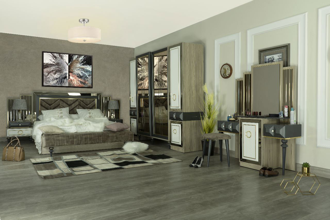 غرفة نوم هاسندا (ألواح MDF) – سرير 160 سم، تسريحة 120 سم، عدد 2 كومود 60 سم، دولاب 260 سم 