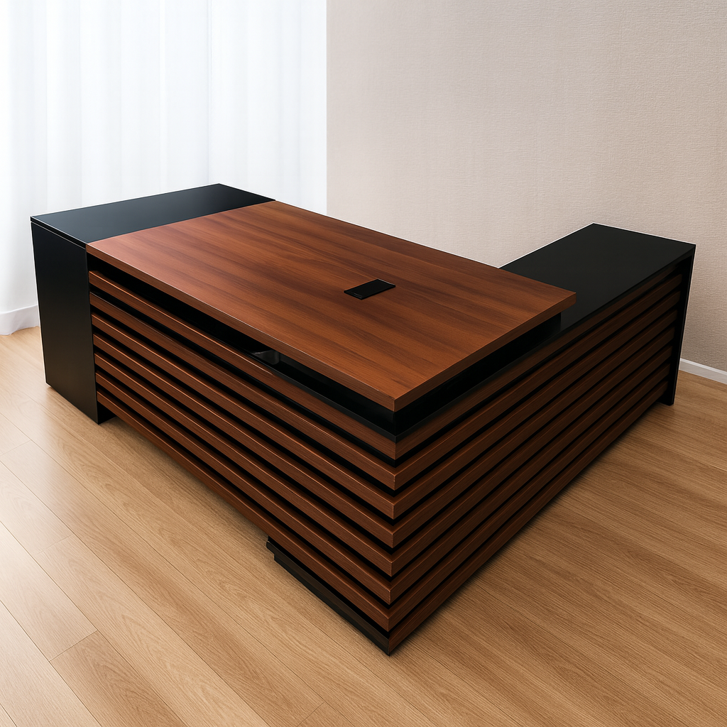 Desk 180×160×75 cm + Side Unit + Attached Drawers – Brown & Black – AZ50038