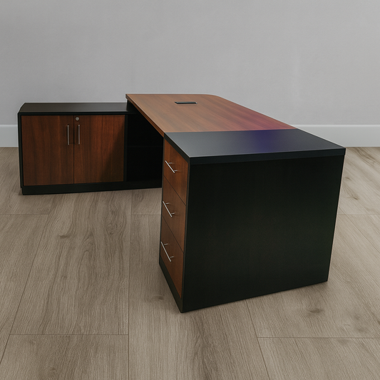 Desk 180×160×75 cm + Side Unit + Attached Drawers – Brown & Black – AZ50038