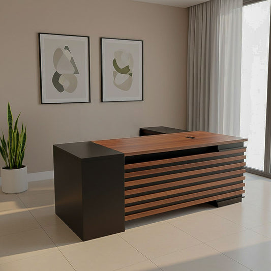 Desk 180×160×75 cm + Side Unit + Attached Drawers – Brown & Black – AZ50038