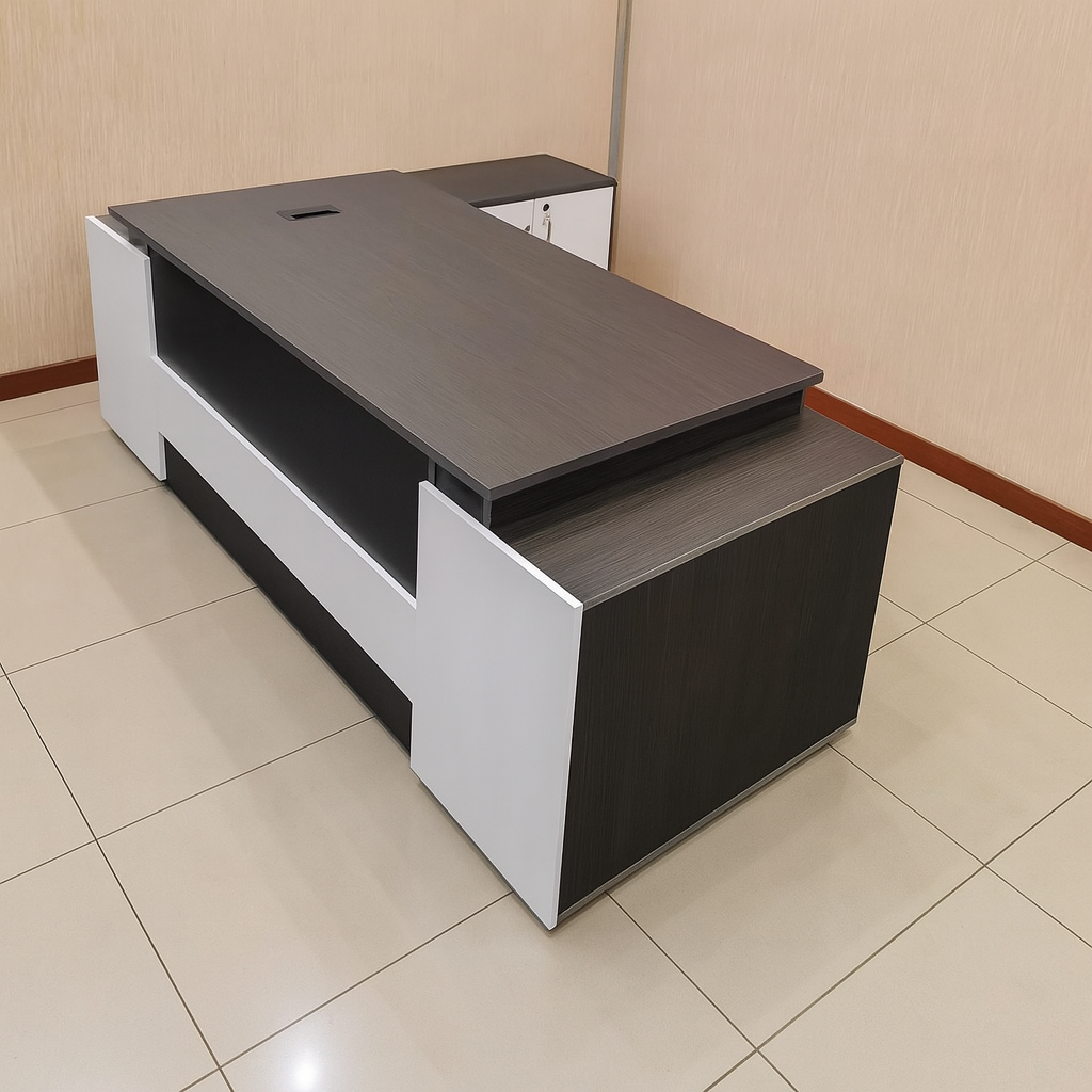Desk 200×160×75 cm + Side Unit + Attached Drawers – White & Dark Gray – AZ50039