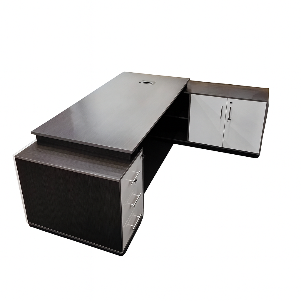 Desk 200×160×75 cm + Side Unit + Attached Drawers – White & Dark Gray – AZ50039