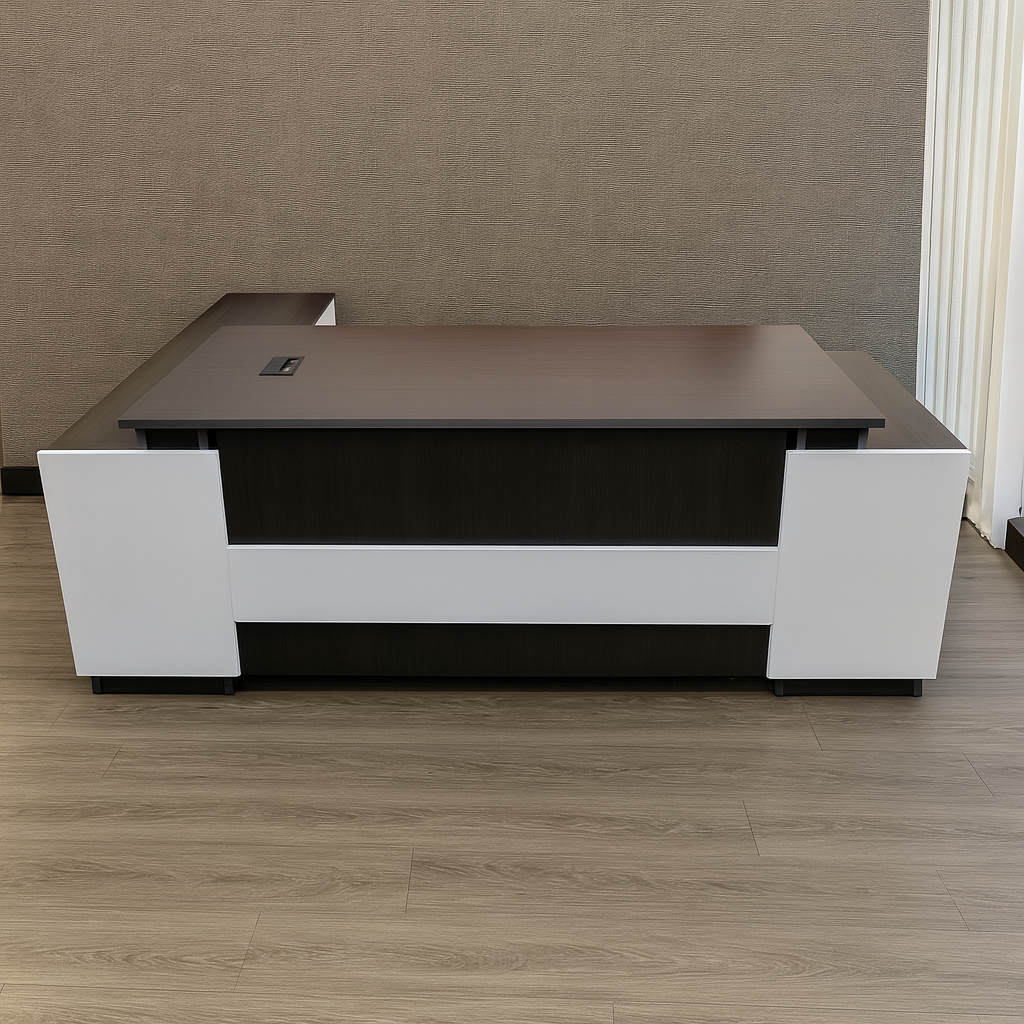 مكتب 200×160×75 سم + وحدة جانبية + أدراج متصلة – أبيض ورمادي غامق – AZ50039
