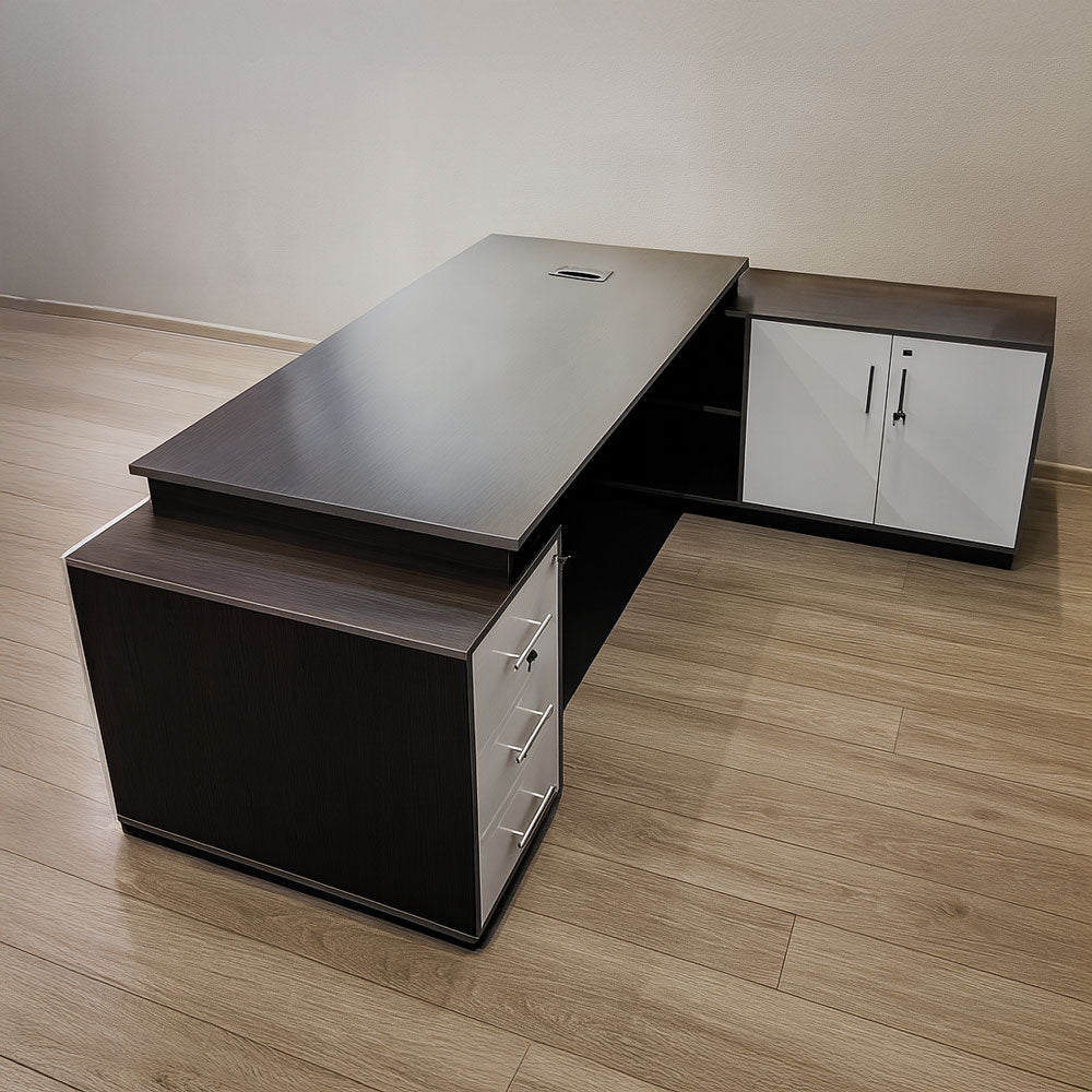 Desk 200×160×75 cm + Side Unit + Attached Drawers – White & Dark Gray – AZ50039